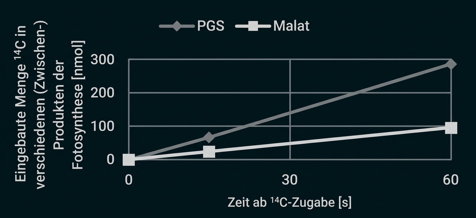 Diagramm zur Einbaurate von ¹⁴C in PGS und Malat während der Fotosynthese.